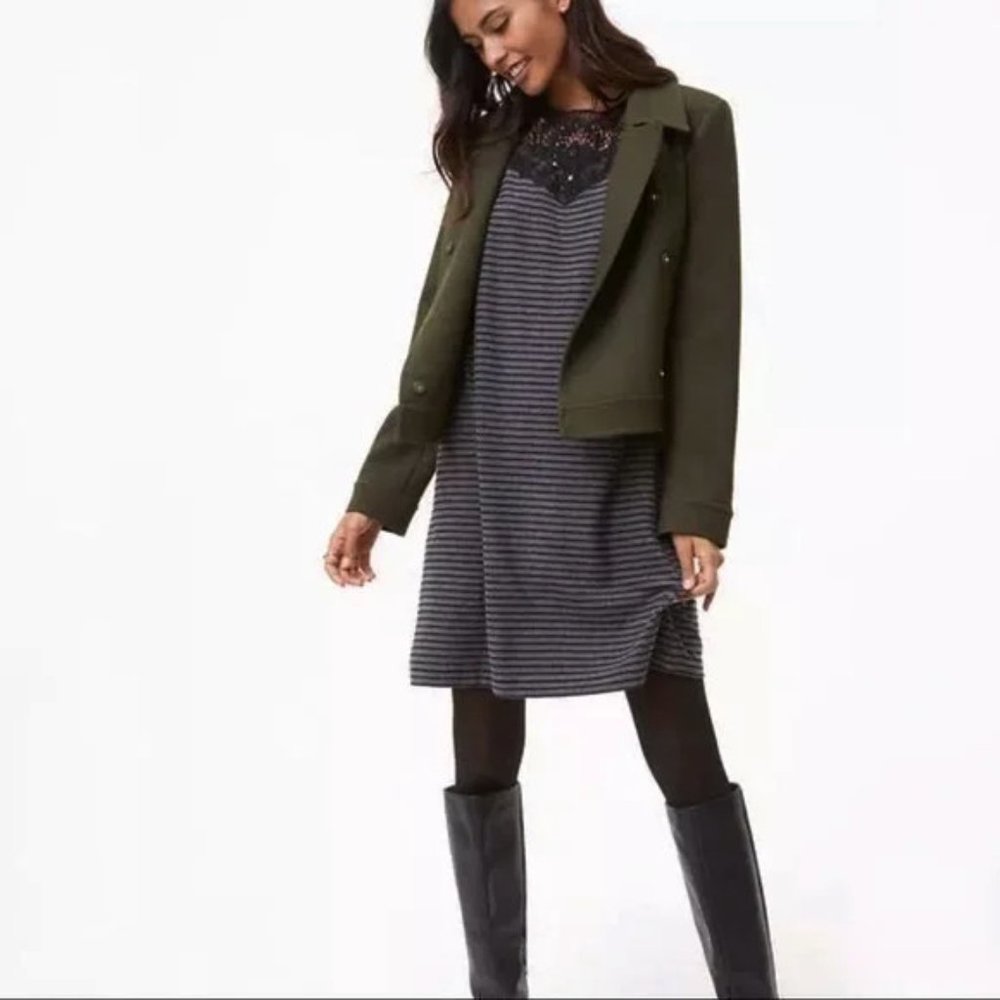 Loft M Women's Gray Black Lace Trim Knit Shift Dress‎